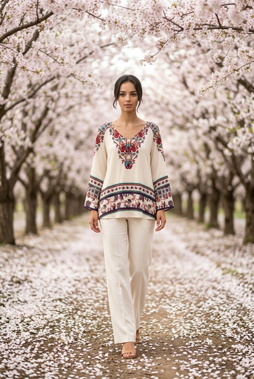 Fig and Flower Floral Boho Bell Sleeve V-Neck Blouse